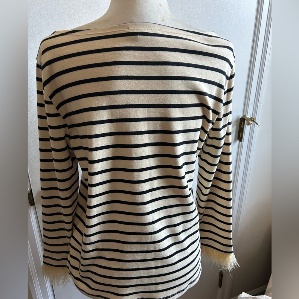 J. Crew Beige and Black Striped Top with Feather Cuffs Sz. Med EUC - Picture 5 of 5